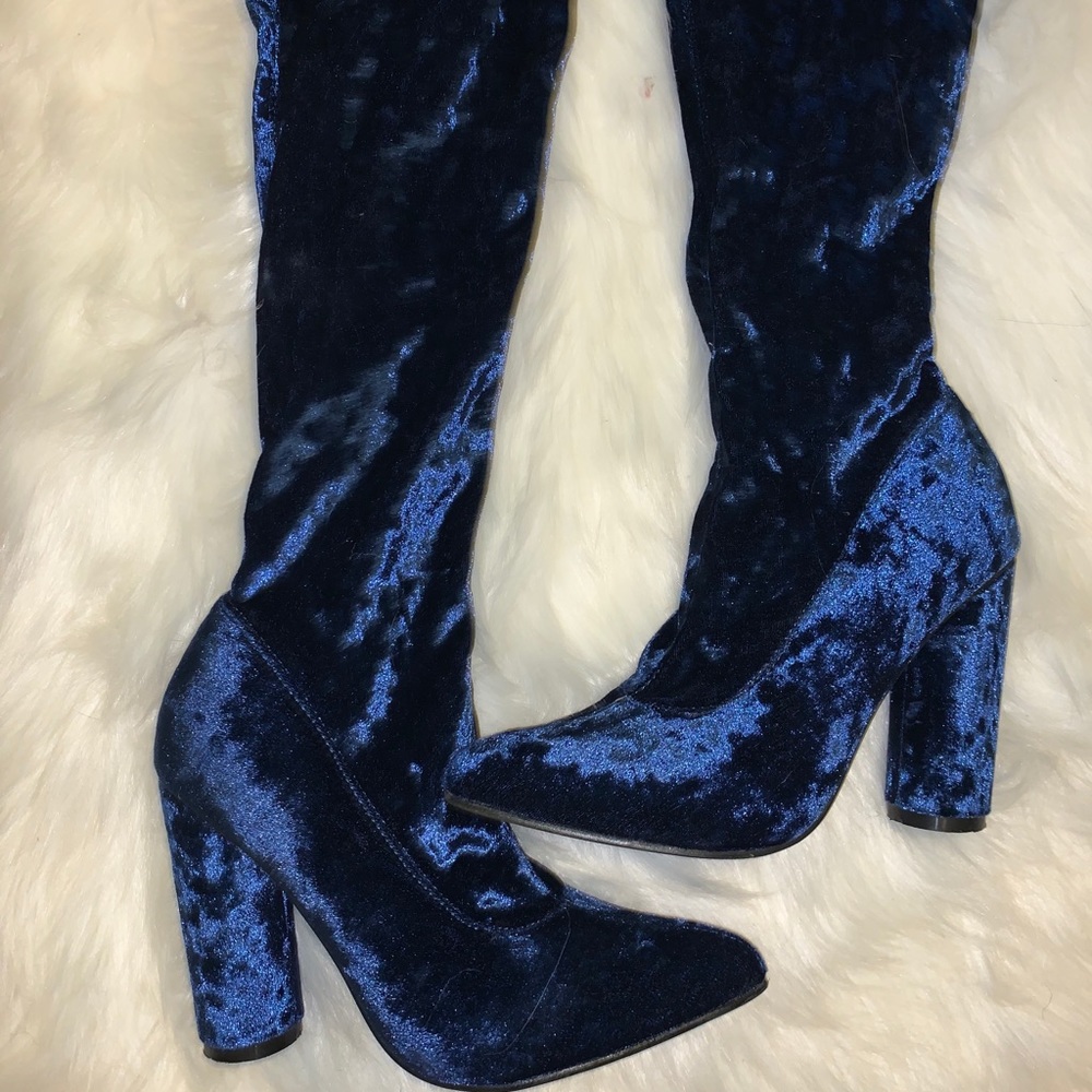 Crushed blue velvet thigh high boot SZ 38